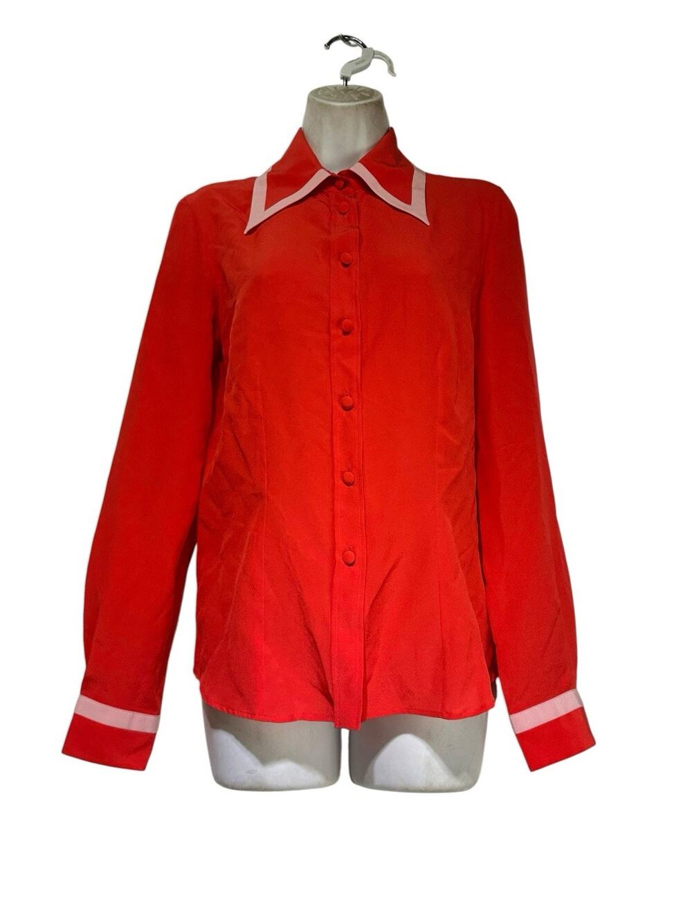 Etro 42 Women’s Orange Silk Button Down Blouse Pink Trim Point Collar
